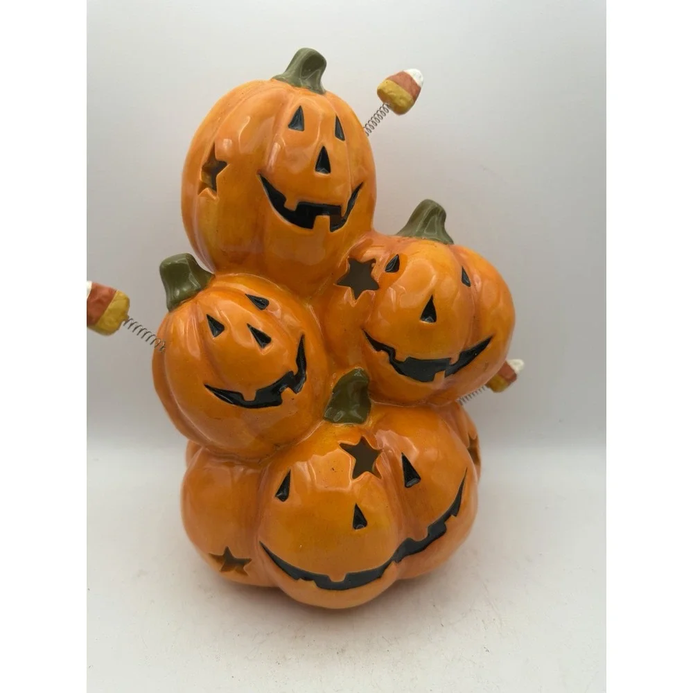 Vintage Ceramic Jack O' Lantern Pumpkin Candle Holder Candy Corn Halloween Decor